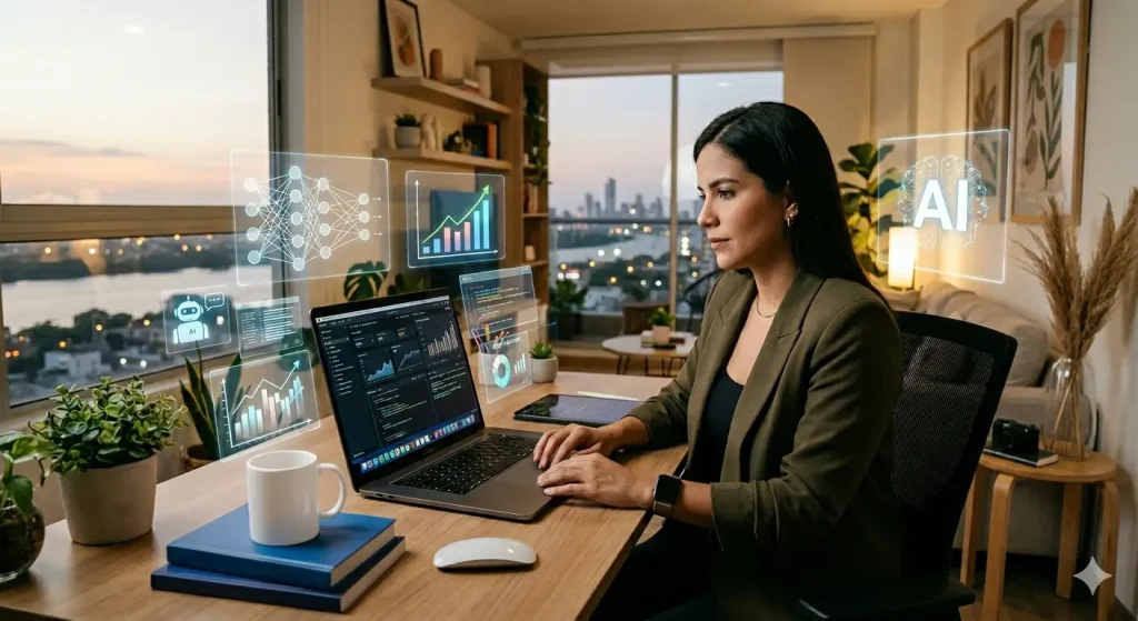 Un emprendedor en su espacio de trabajo analizando gráficos financieros y de marketing en su laptop, con interfaces visuales abstractas de inteligencia artificial flotando de fondo.