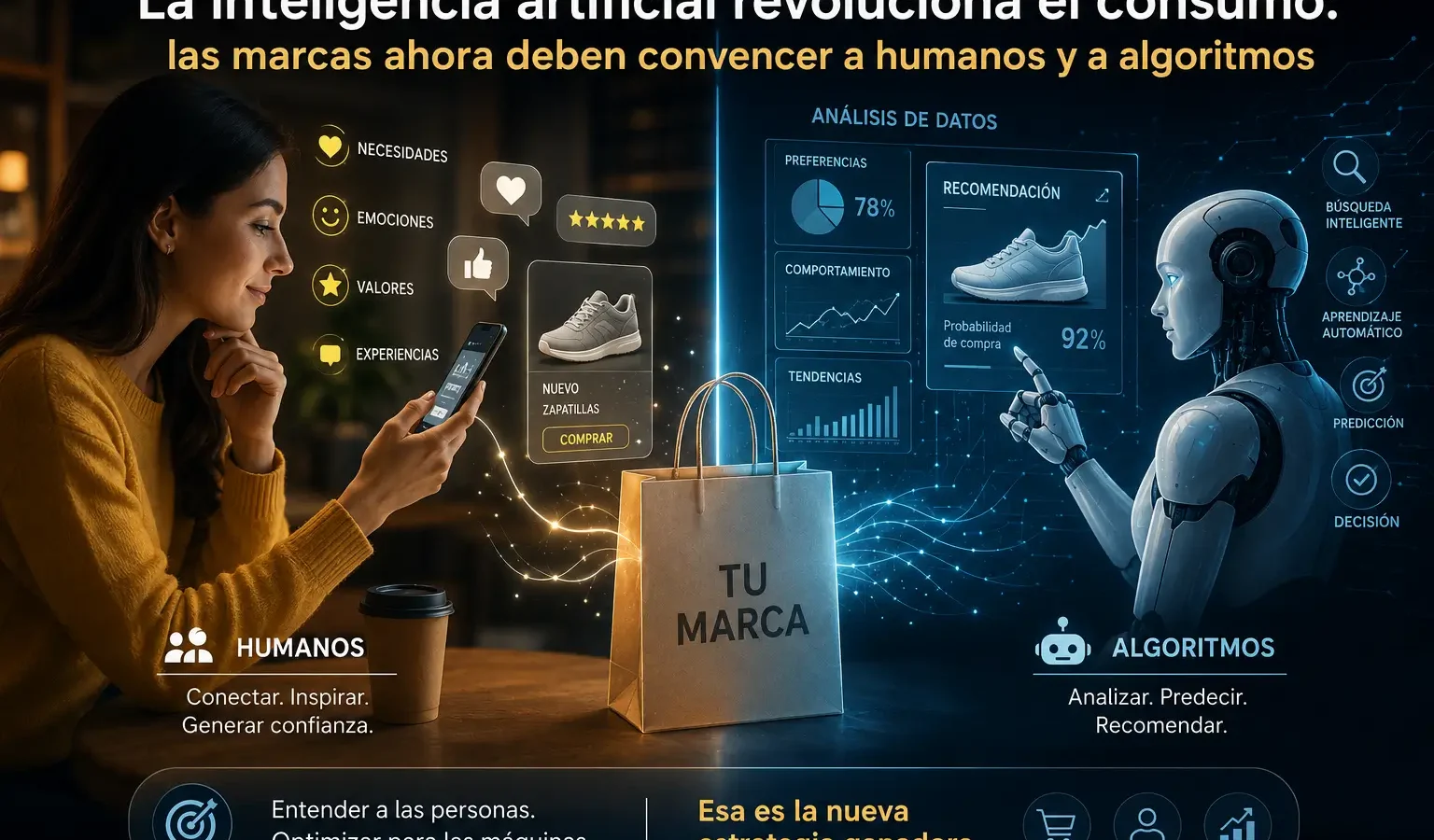 Ilustración de inteligencia artificial analizando productos mientras consumidores realizan compras digitales en un entorno de comercio electrónico.