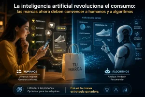 Ilustración de inteligencia artificial analizando productos mientras consumidores realizan compras digitales en un entorno de comercio electrónico.
