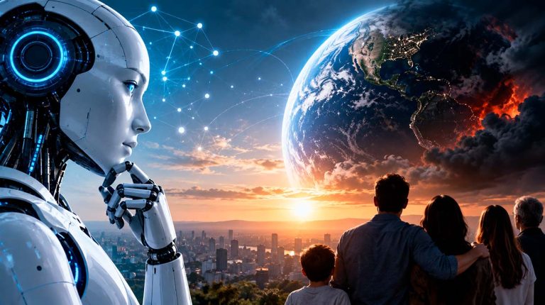 Silueta humana frente a una red de circuitos e inteligencia artificial, representando el debate sobre el futuro de la humanidad