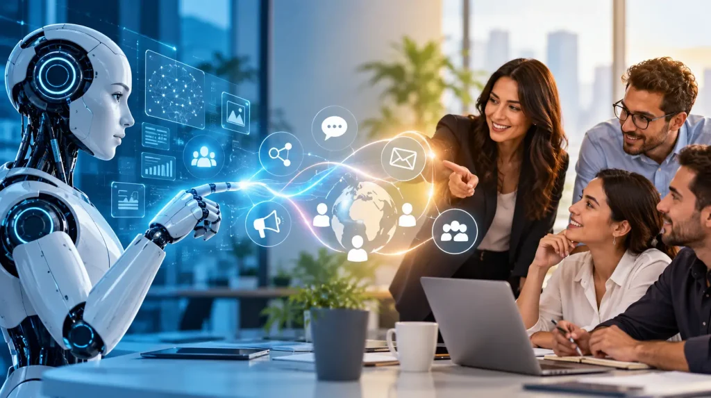 Profesional de comunicación organizacional trabajando junto a paneles de datos e inteligencia artificial en una oficina moderna